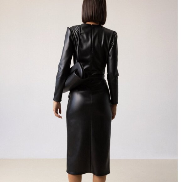 Nissa V-Neck Black Faux Leather Dress (L) NWT - Picture 2 of 9
